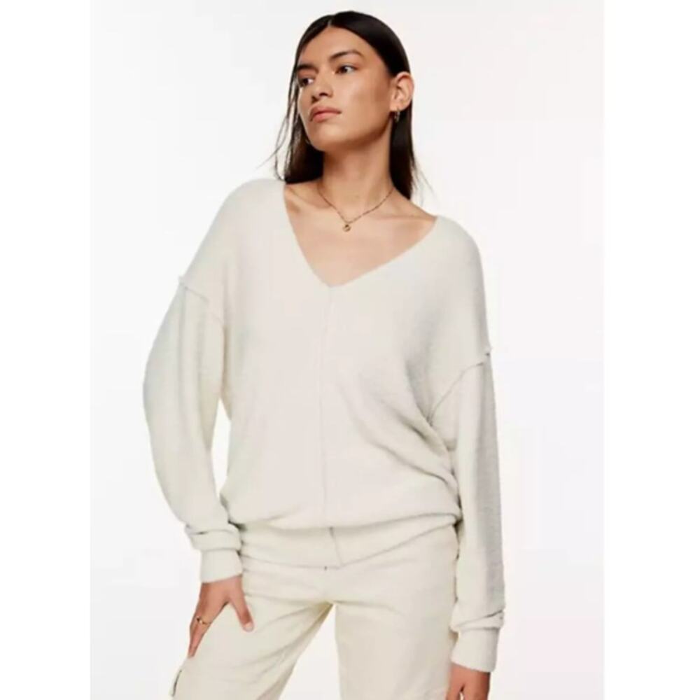 Wilfred Free Small Hush Knit V-Neck Sweater Silver Birch Cream Nylon Long Sleeve